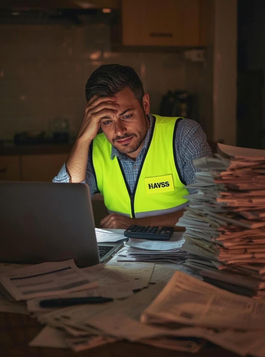 Stressed man in a safety vest works late at a laptop amidst stacks of paperwork.